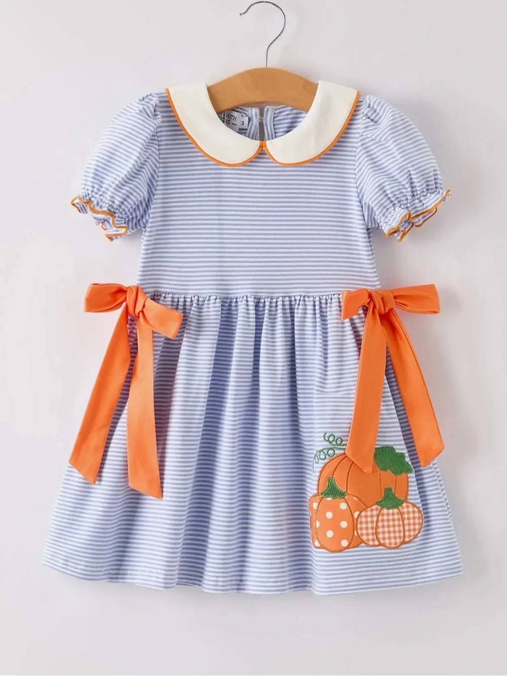 Rylee Faith Fall Thanksgiving Label Strip Pumpkin Appliqué Bow Girls Dress 6T